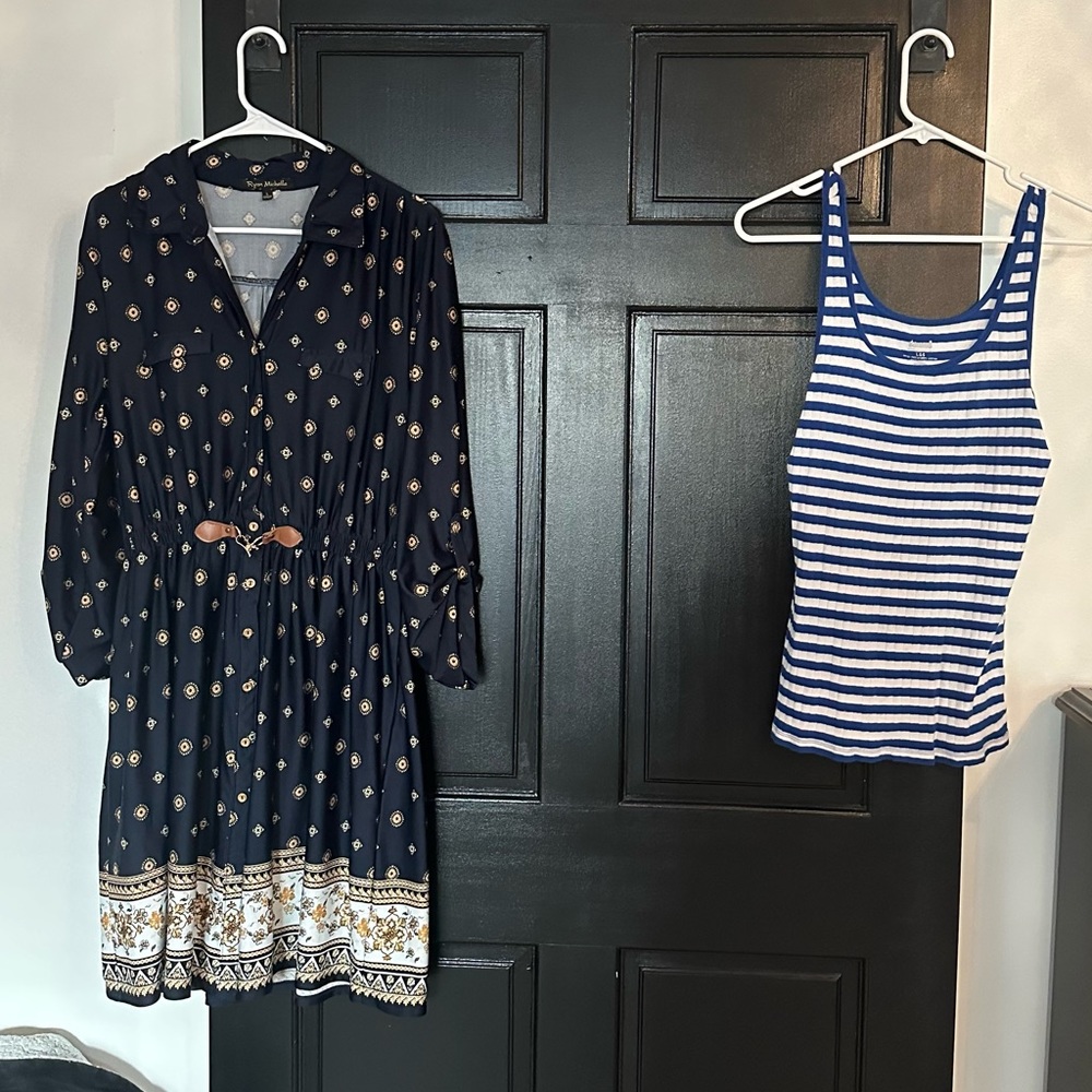 2 items. Long sleeve blue and tan dress and blue and white striped tank top.